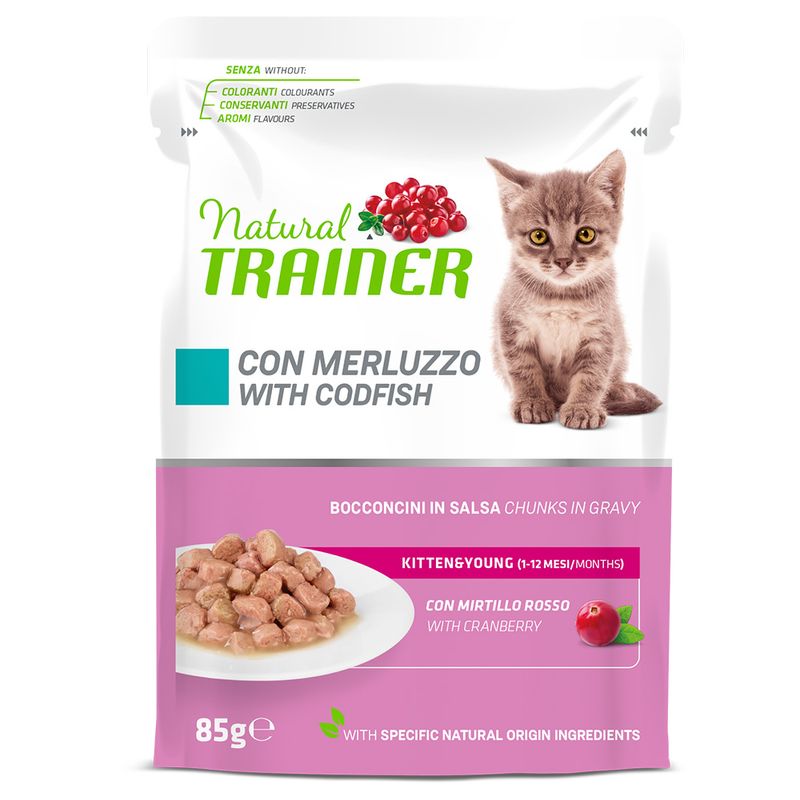 Natural Trainer Kitten&Young con Merluzzo 85g - Gatti Cuccioli Natural Trainer Kitten&Young con Merluzzo 85g - Gatti Cuccioli